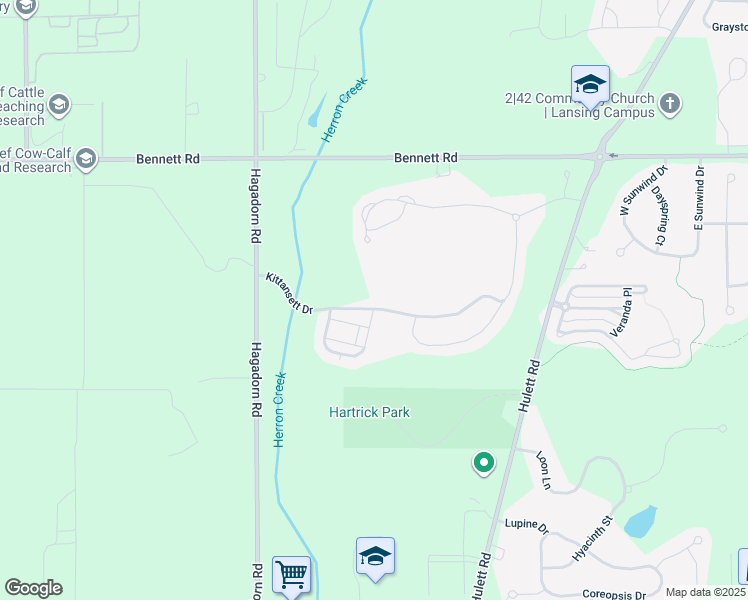 map of restaurants, bars, coffee shops, grocery stores, and more near 2832 Kittanset Drive in Lansing