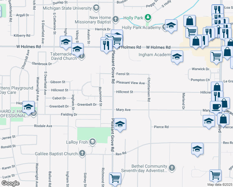 map of restaurants, bars, coffee shops, grocery stores, and more near 2129 Hillcrest Street in Lansing