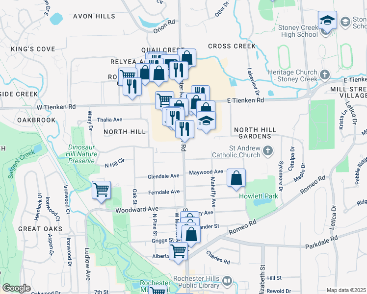 map of restaurants, bars, coffee shops, grocery stores, and more near 6842 South Rochester Road in Troy