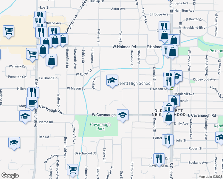map of restaurants, bars, coffee shops, grocery stores, and more near 3900 Stabler Street in Lansing