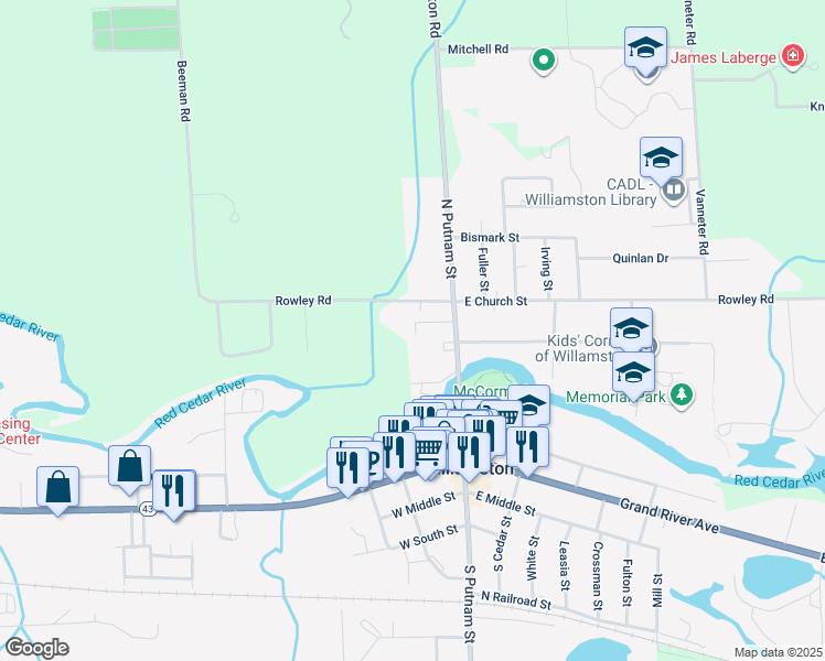 map of restaurants, bars, coffee shops, grocery stores, and more near 515 North Putnam Street in Williamston