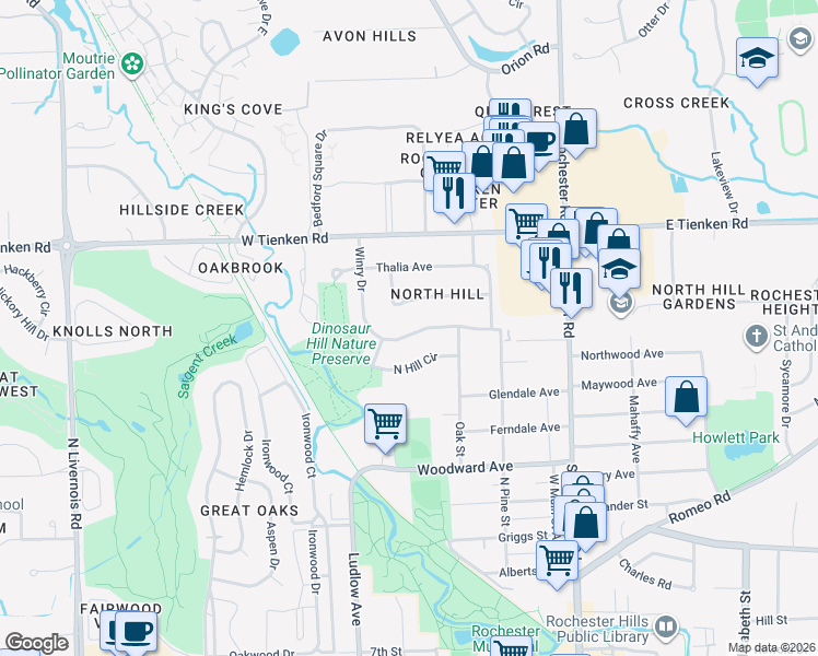 map of restaurants, bars, coffee shops, grocery stores, and more near 300 Winry Drive in Rochester Hills