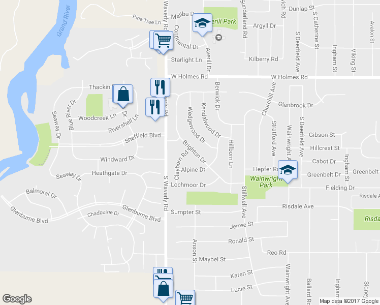 map of restaurants, bars, coffee shops, grocery stores, and more near 3901 Clayborn Road in Lansing