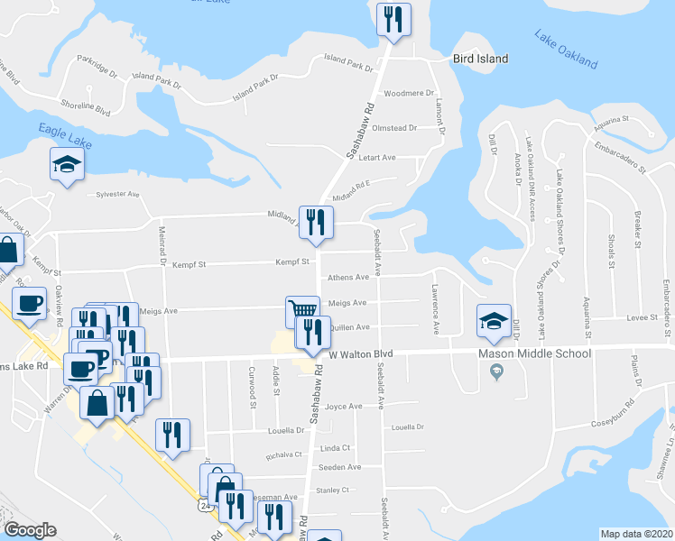map of restaurants, bars, coffee shops, grocery stores, and more near 4210 Athens Avenue in Waterford charter Township
