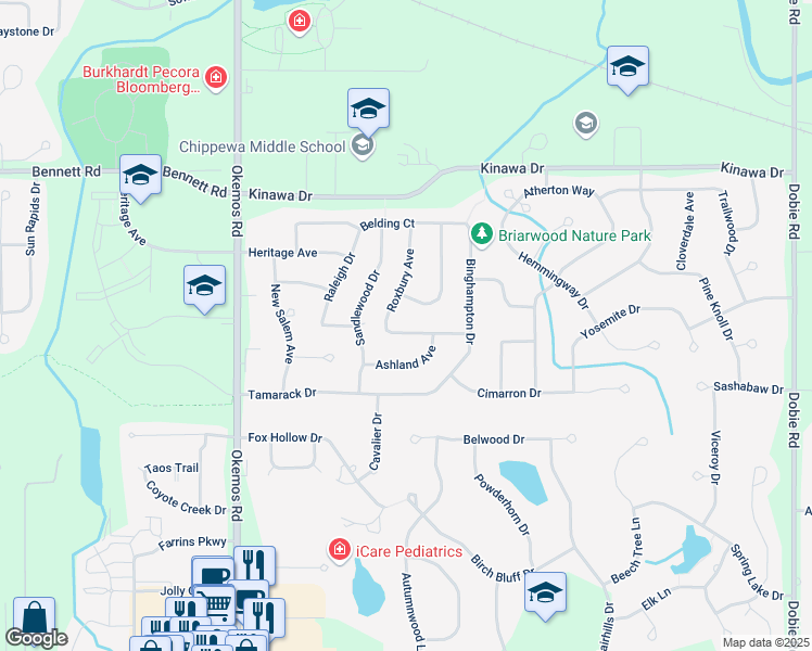 map of restaurants, bars, coffee shops, grocery stores, and more near 2080 Shagbark Lane in Okemos