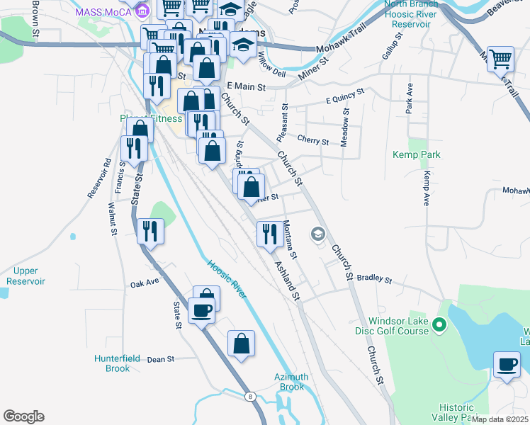 map of restaurants, bars, coffee shops, grocery stores, and more near 15 Blackinton Street in North Adams