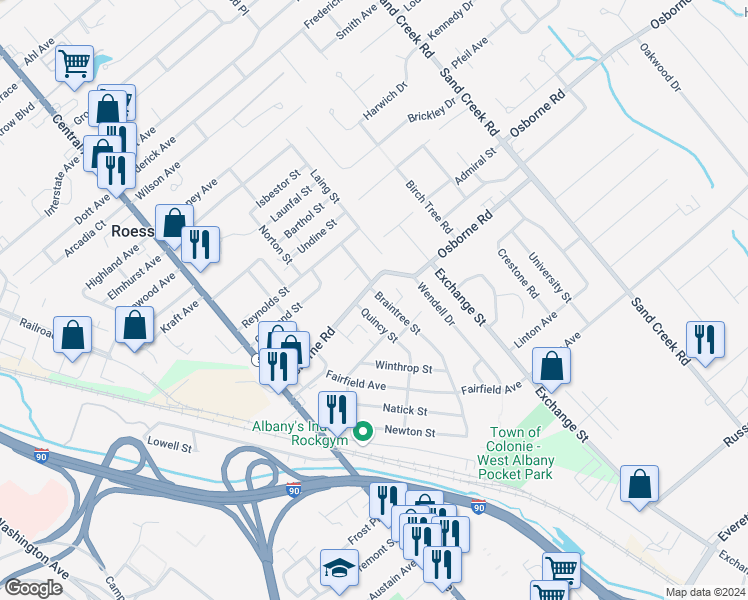 map of restaurants, bars, coffee shops, grocery stores, and more near 4 Braintree Street in Albany