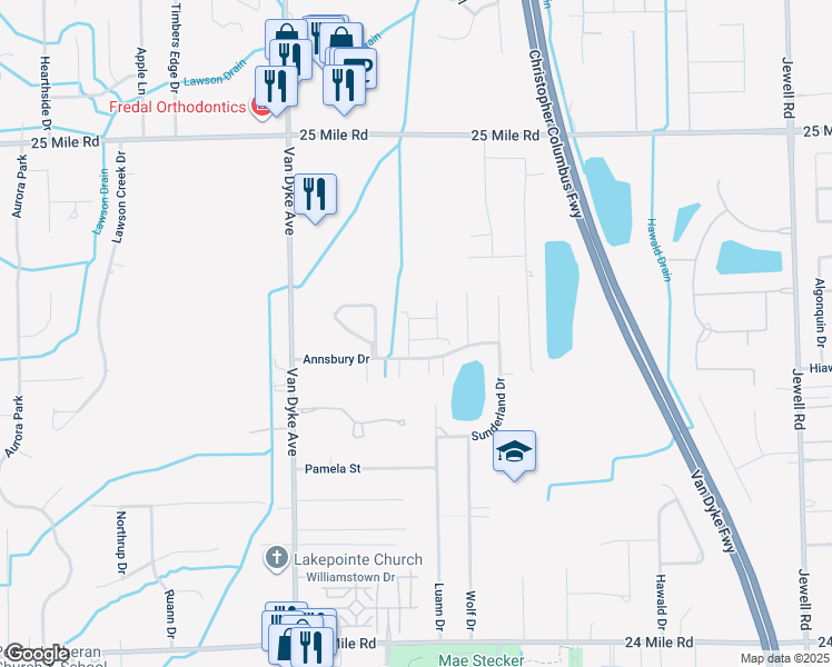 map of restaurants, bars, coffee shops, grocery stores, and more near 8590 Grove Drive in Macomb County