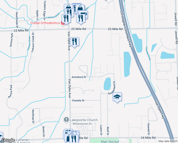 map of restaurants, bars, coffee shops, grocery stores, and more near 54246 East Annsbury Circle in Shelby Charter Township