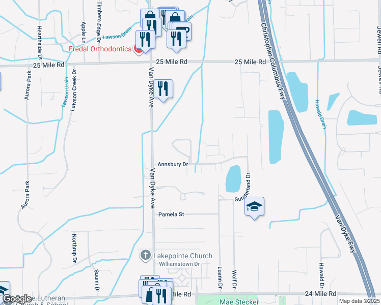 map of restaurants, bars, coffee shops, grocery stores, and more near 54246 East Annsbury Circle in Shelby Charter Township