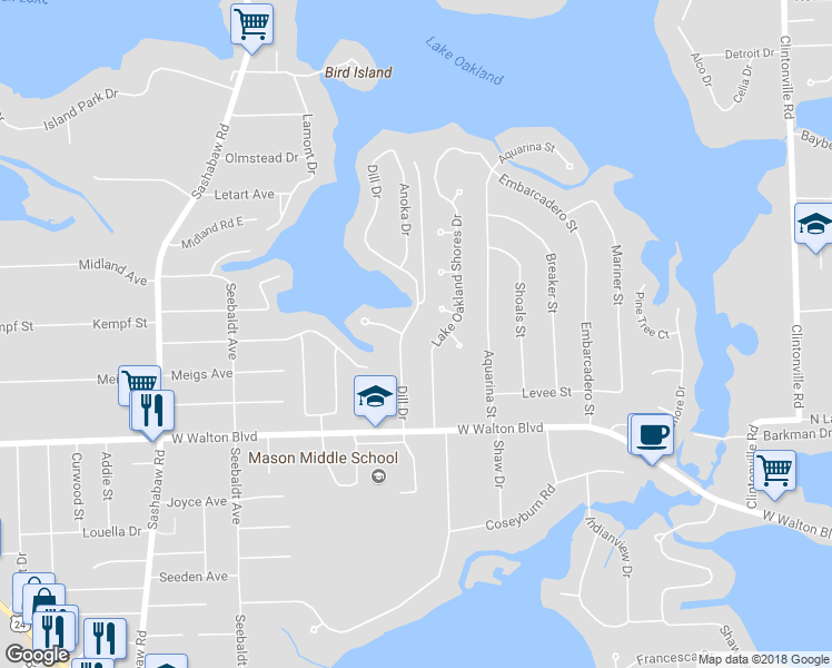 map of restaurants, bars, coffee shops, grocery stores, and more near 3656 Dill Drive in Waterford Township