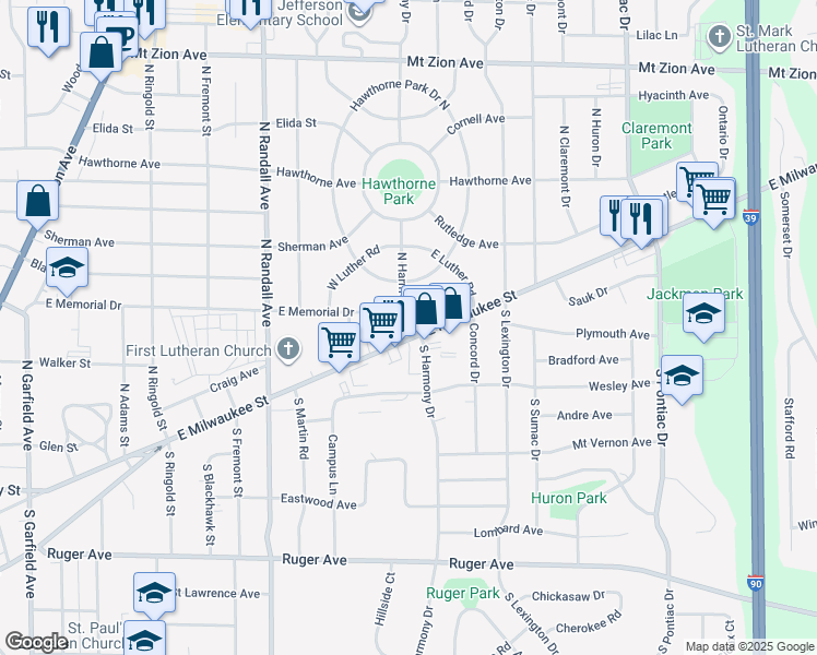 map of restaurants, bars, coffee shops, grocery stores, and more near 2017 East Milwaukee Street in Janesville