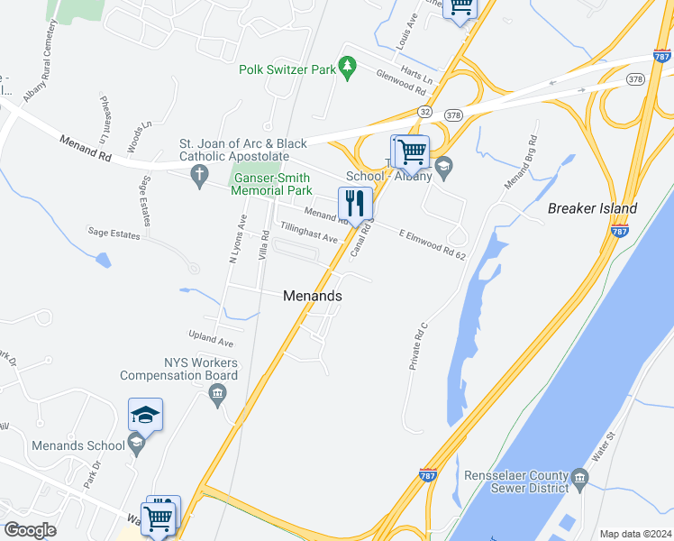 map of restaurants, bars, coffee shops, grocery stores, and more near 281 Broadway in Menands