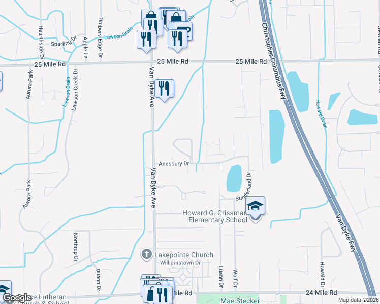 map of restaurants, bars, coffee shops, grocery stores, and more near 54246 East Annsbury Circle in Shelby Charter Township