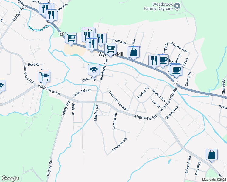 map of restaurants, bars, coffee shops, grocery stores, and more near 11 Crescent Terrace in Wynantskill