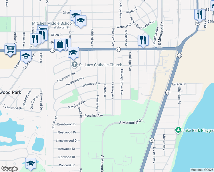 map of restaurants, bars, coffee shops, grocery stores, and more near 3209 Debra Lane in Racine