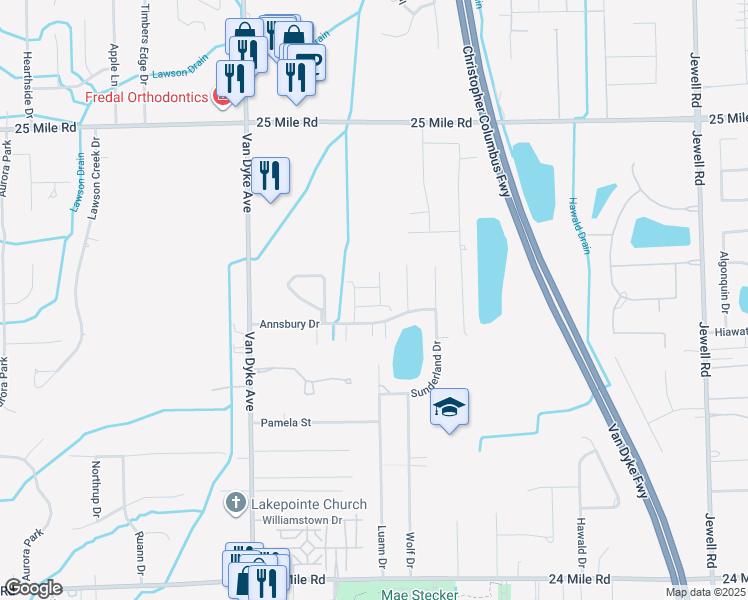 map of restaurants, bars, coffee shops, grocery stores, and more near 8590 Grove Drive in Macomb County