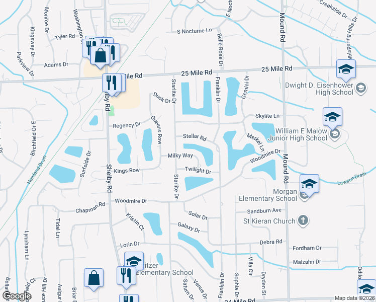map of restaurants, bars, coffee shops, grocery stores, and more near 5057 Milky Way in Macomb County