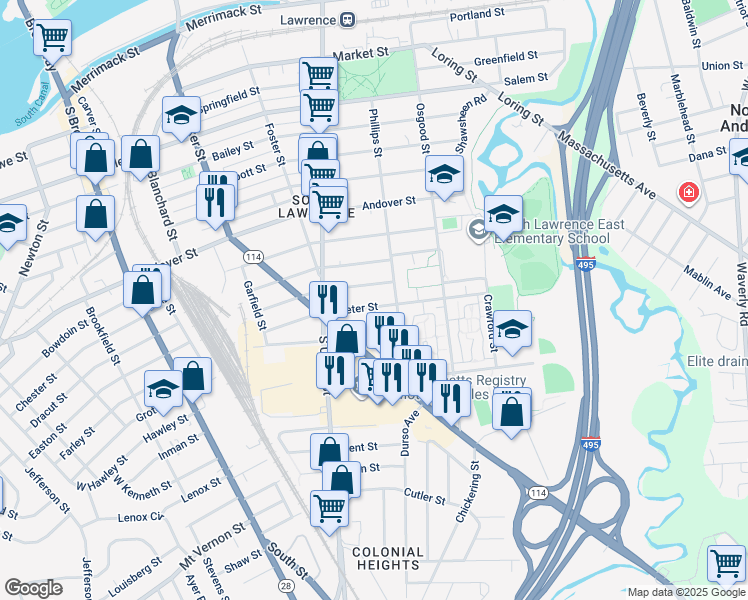 map of restaurants, bars, coffee shops, grocery stores, and more near 41 Exeter Street in Lawrence