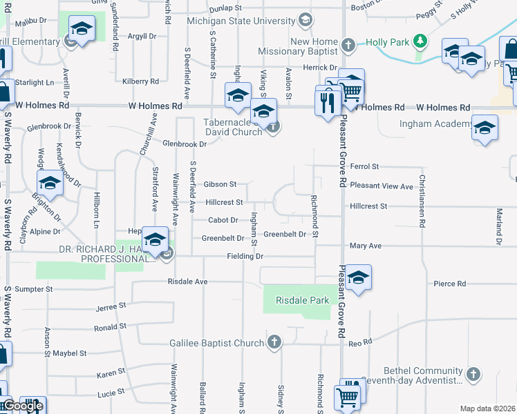 map of restaurants, bars, coffee shops, grocery stores, and more near 2709 Hillcrest Street in Lansing
