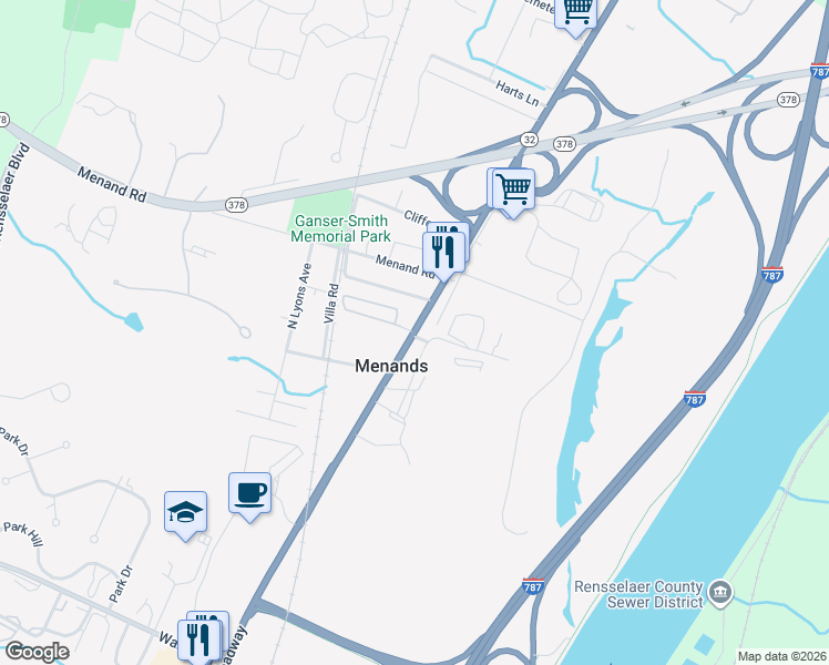map of restaurants, bars, coffee shops, grocery stores, and more near Broadway & Mac Donald Cir in Menands