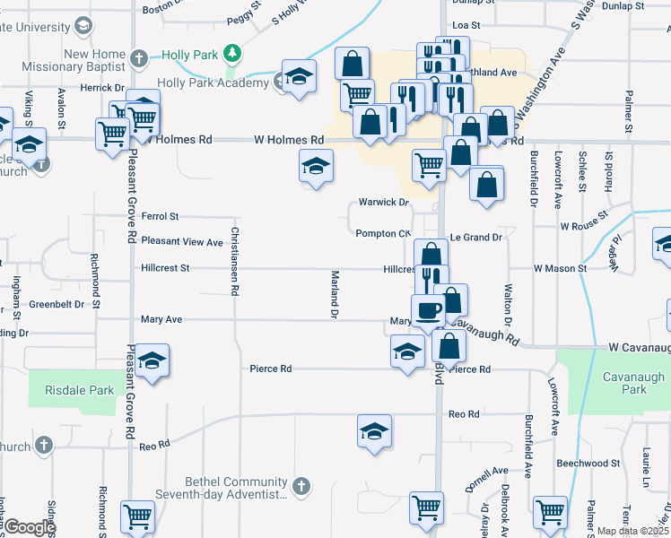 map of restaurants, bars, coffee shops, grocery stores, and more near Hillcrest Street in Lansing