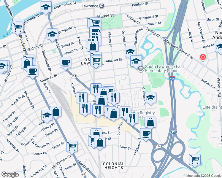 map of restaurants, bars, coffee shops, grocery stores, and more near 41 Exeter Street in Lawrence