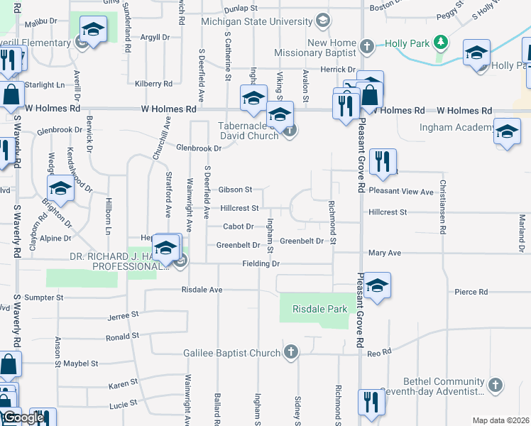 map of restaurants, bars, coffee shops, grocery stores, and more near 2709 Hillcrest Street in Lansing