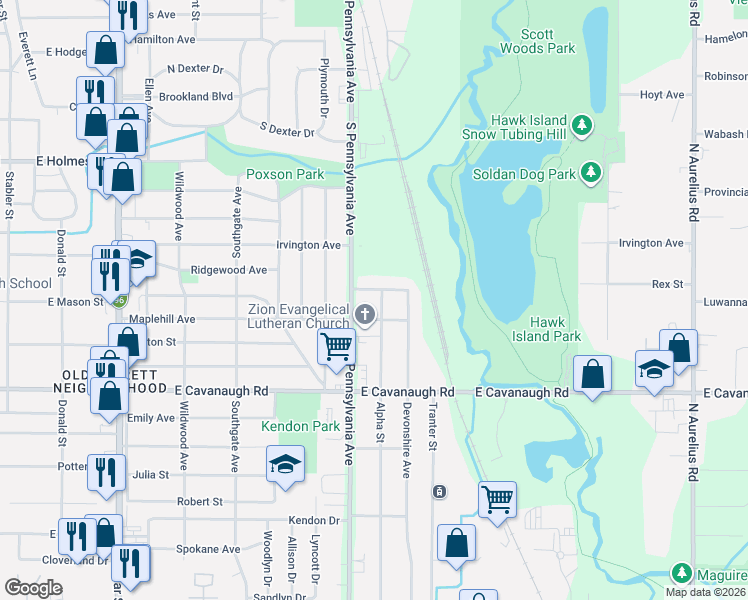 map of restaurants, bars, coffee shops, grocery stores, and more near 3908 Alpha St in Lansing