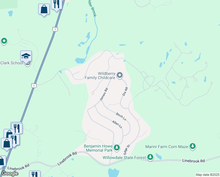 map of restaurants, bars, coffee shops, grocery stores, and more near 17 James Road in Ipswich