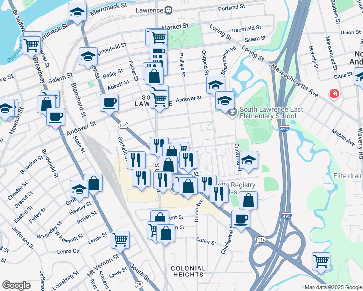 map of restaurants, bars, coffee shops, grocery stores, and more near 41 Exeter Street in Lawrence