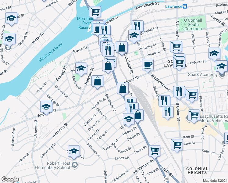 map of restaurants, bars, coffee shops, grocery stores, and more near 409 Andover Street in Lawrence