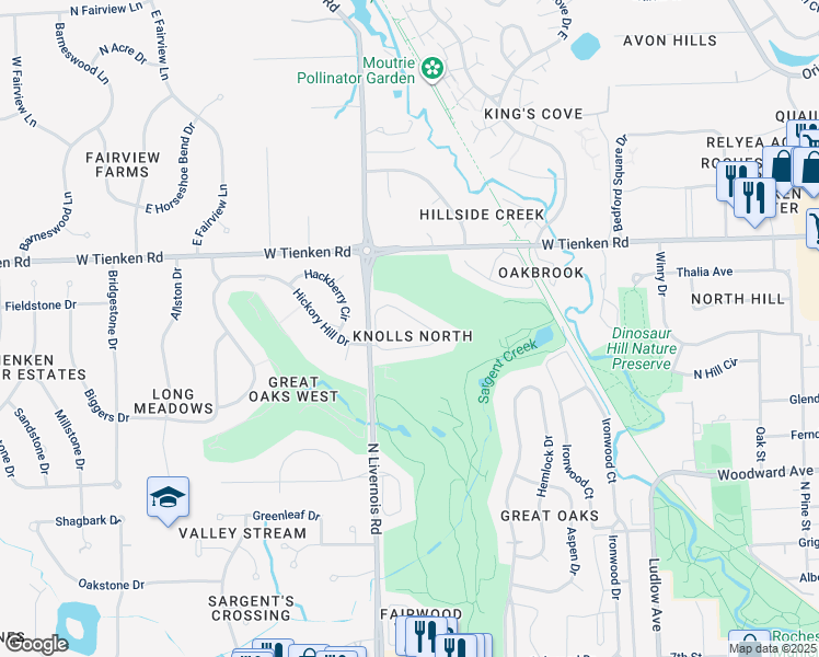 map of restaurants, bars, coffee shops, grocery stores, and more near 875 Green View Court in Rochester Hills