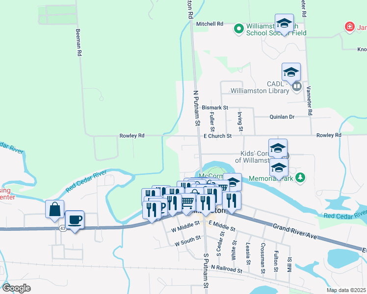 map of restaurants, bars, coffee shops, grocery stores, and more near 515 North Putnam Street in Williamston