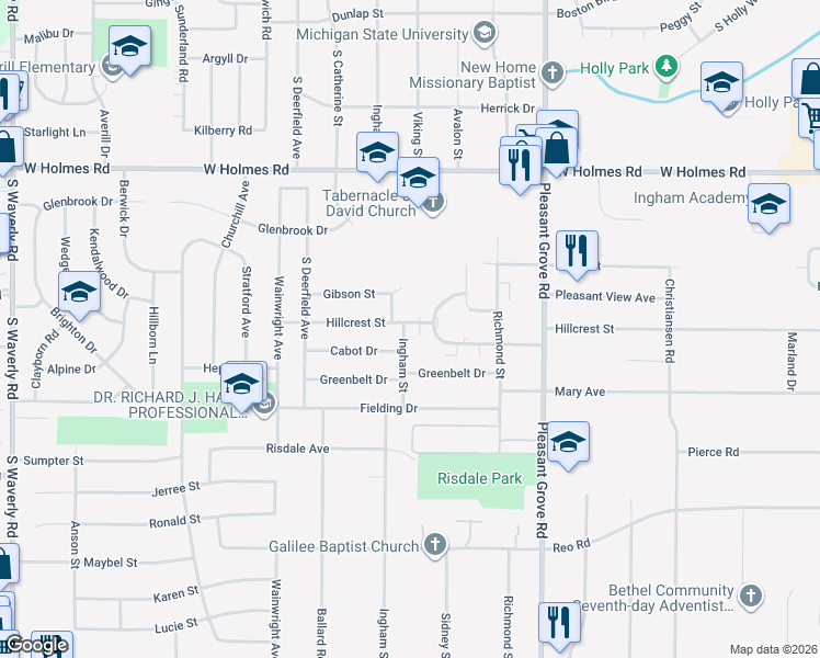 map of restaurants, bars, coffee shops, grocery stores, and more near 2709 Hillcrest Street in Lansing
