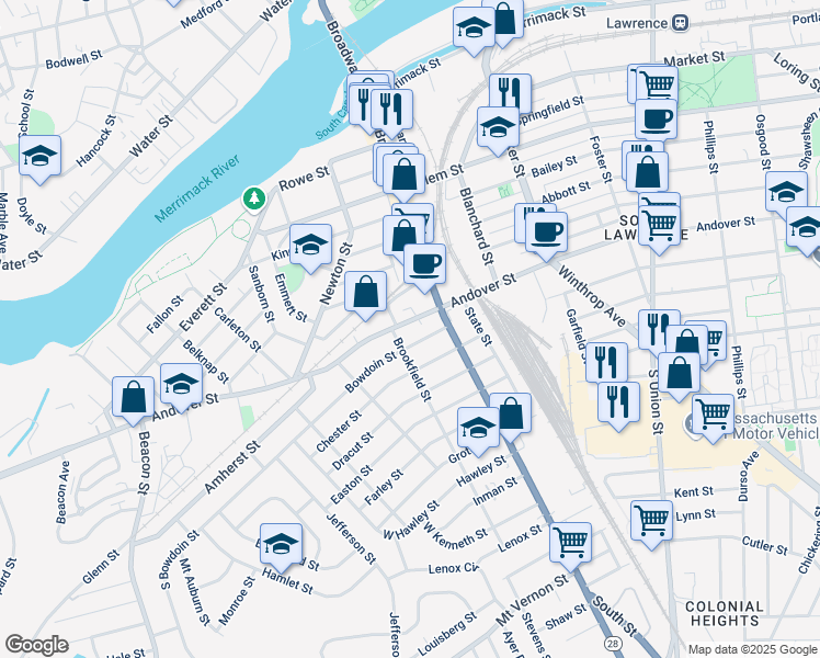 map of restaurants, bars, coffee shops, grocery stores, and more near 409 Andover Street in Lawrence