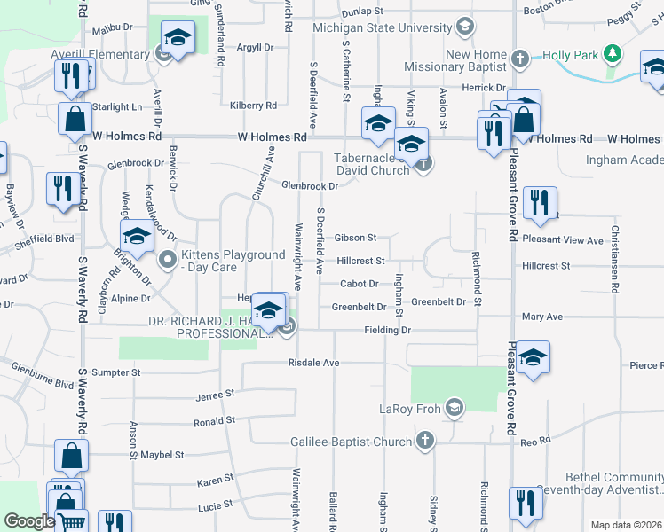 map of restaurants, bars, coffee shops, grocery stores, and more near 3013 Hillcrest Street in Lansing