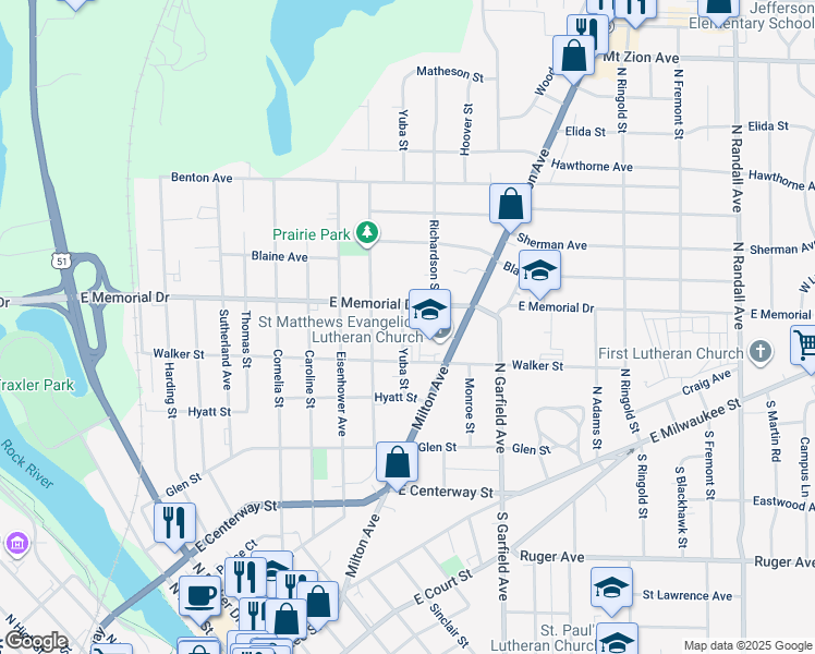 map of restaurants, bars, coffee shops, grocery stores, and more near 728 Yuba Street in Janesville