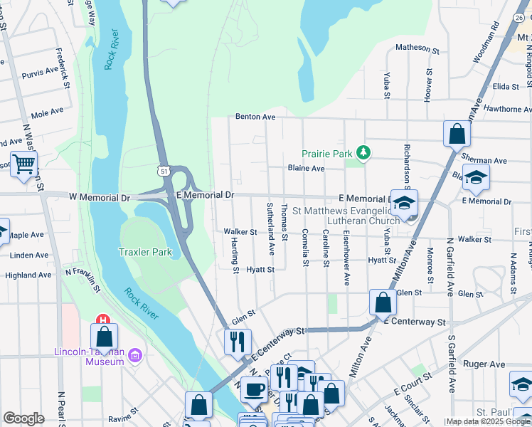 map of restaurants, bars, coffee shops, grocery stores, and more near 725 Sutherland Avenue in Janesville