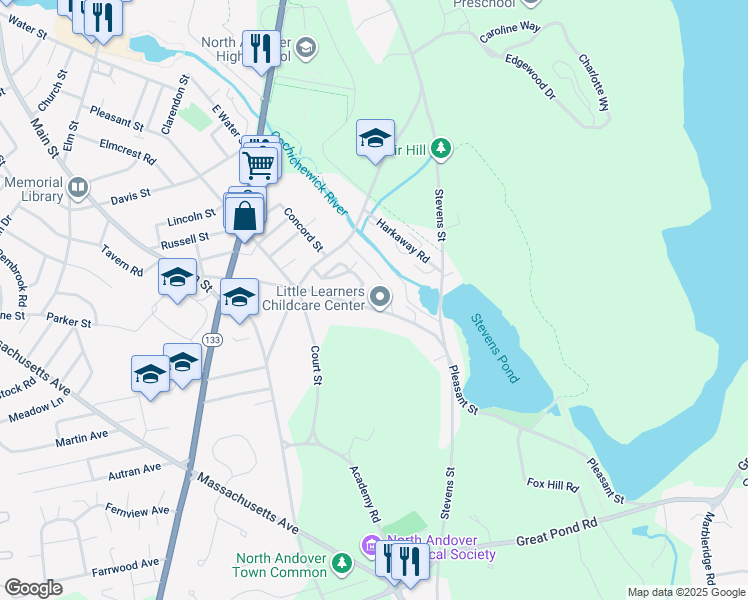 map of restaurants, bars, coffee shops, grocery stores, and more near 87 Mill Pond in North Andover