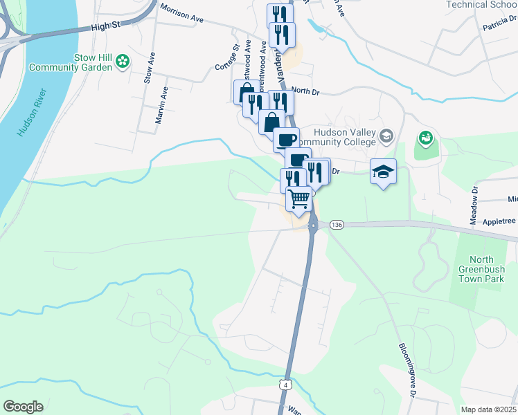 map of restaurants, bars, coffee shops, grocery stores, and more near 5 Stacey Way in Troy