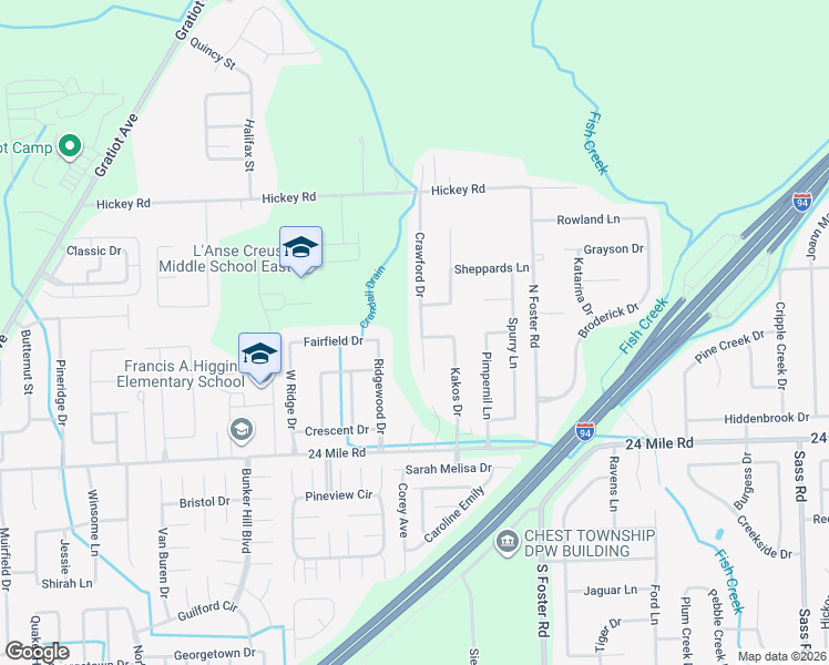 map of restaurants, bars, coffee shops, grocery stores, and more near 53307 Crawford Drive in New Baltimore