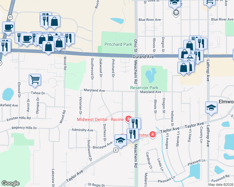 map of restaurants, bars, coffee shops, grocery stores, and more near 4915 Maryland Avenue in Racine