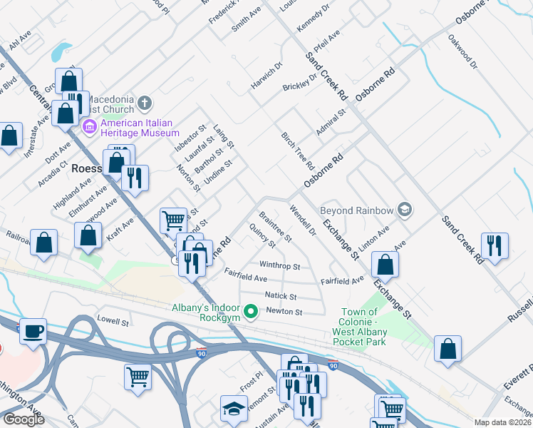 map of restaurants, bars, coffee shops, grocery stores, and more near 4 Braintree Street in Albany