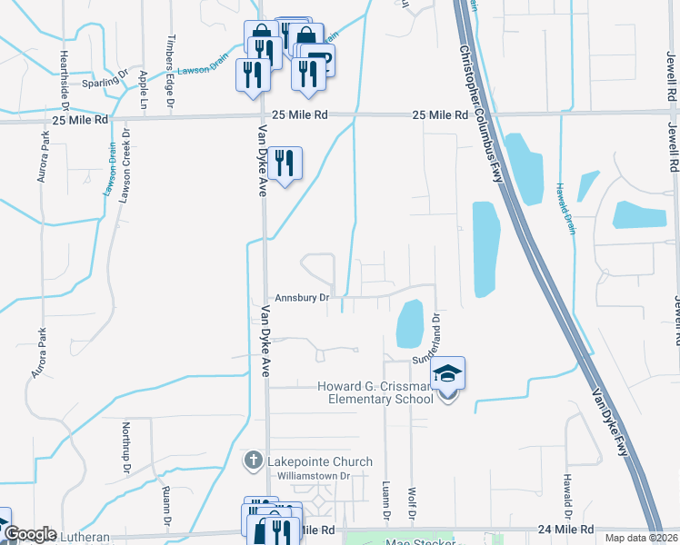 map of restaurants, bars, coffee shops, grocery stores, and more near 54246 East Annsbury Circle in Shelby Charter Township