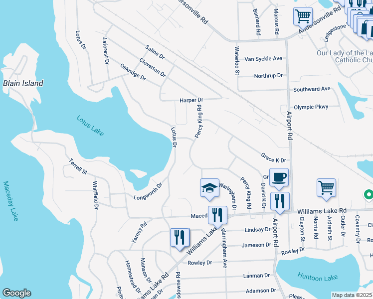 map of restaurants, bars, coffee shops, grocery stores, and more near 3873 Percy King Rd in Waterford Township