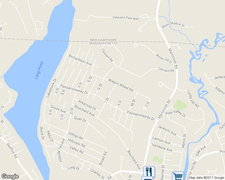map of restaurants, bars, coffee shops, grocery stores, and more near 95 I Street in Dracut