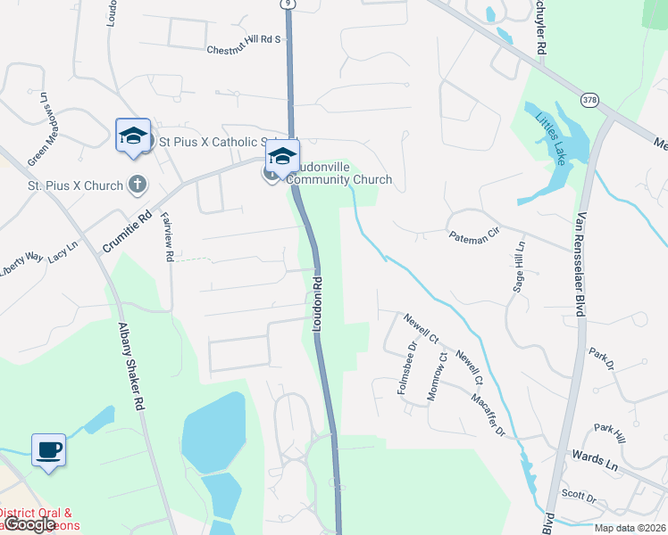 map of restaurants, bars, coffee shops, grocery stores, and more near 355 Loudon Road in Albany