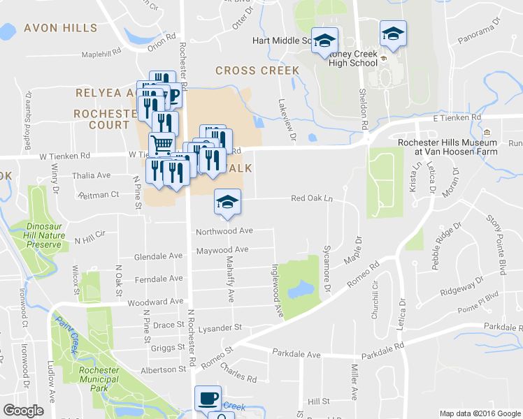 map of restaurants, bars, coffee shops, grocery stores, and more near 180 Red Oak Lane in Rochester Hills