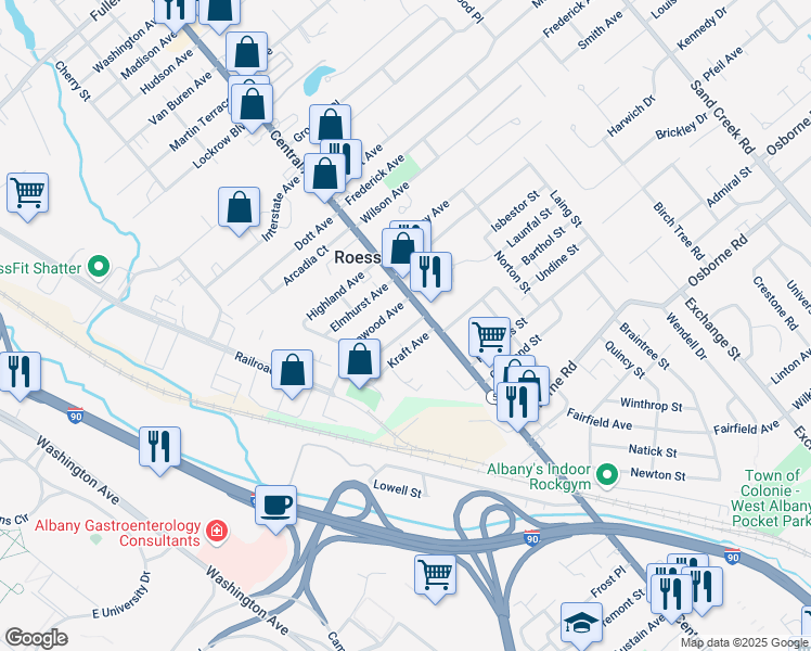 map of restaurants, bars, coffee shops, grocery stores, and more near 5 Oakland Avenue in Albany